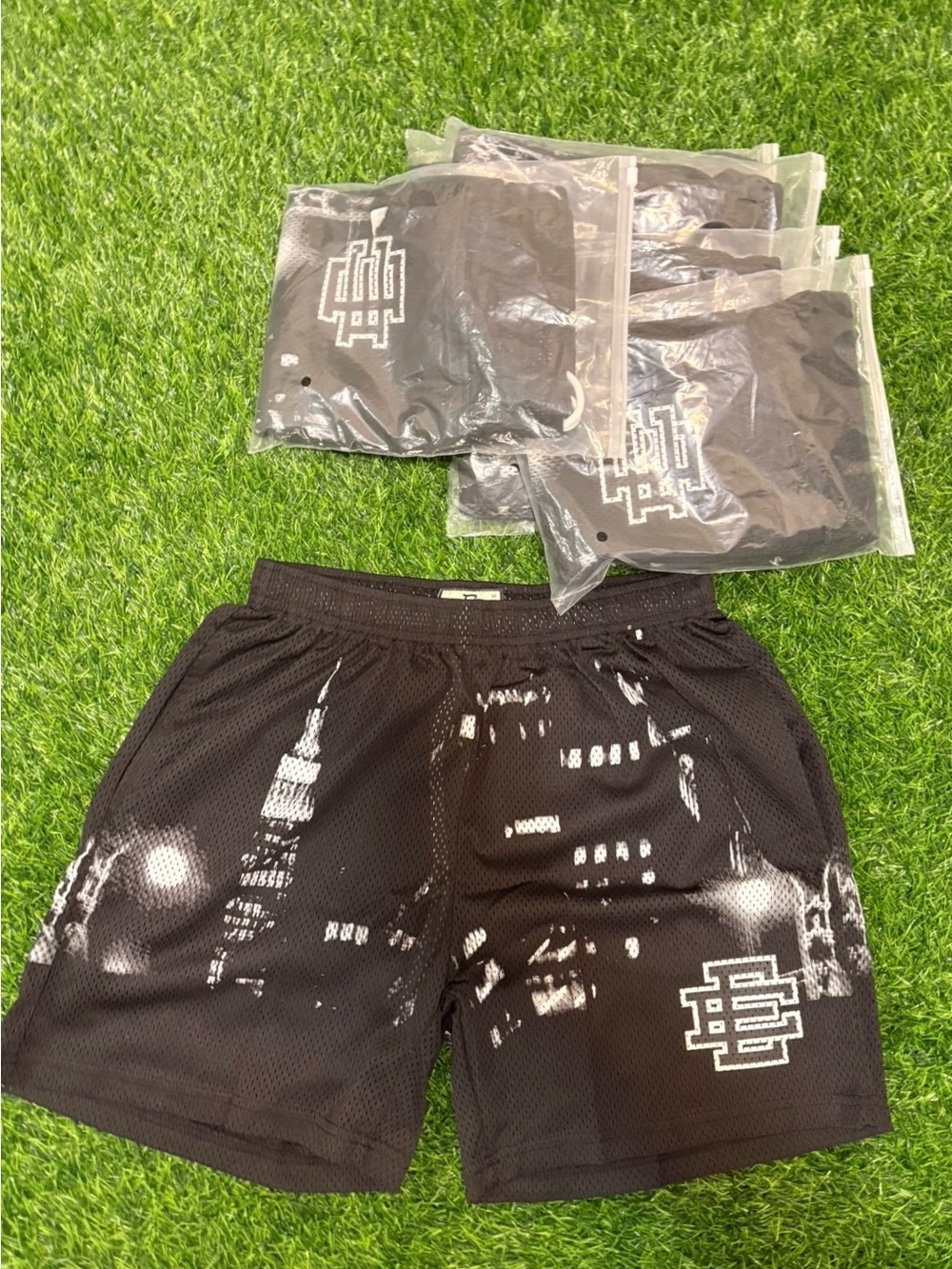 Sade New York Black Mesh Athletic Shorts with White Cityscape Graphic